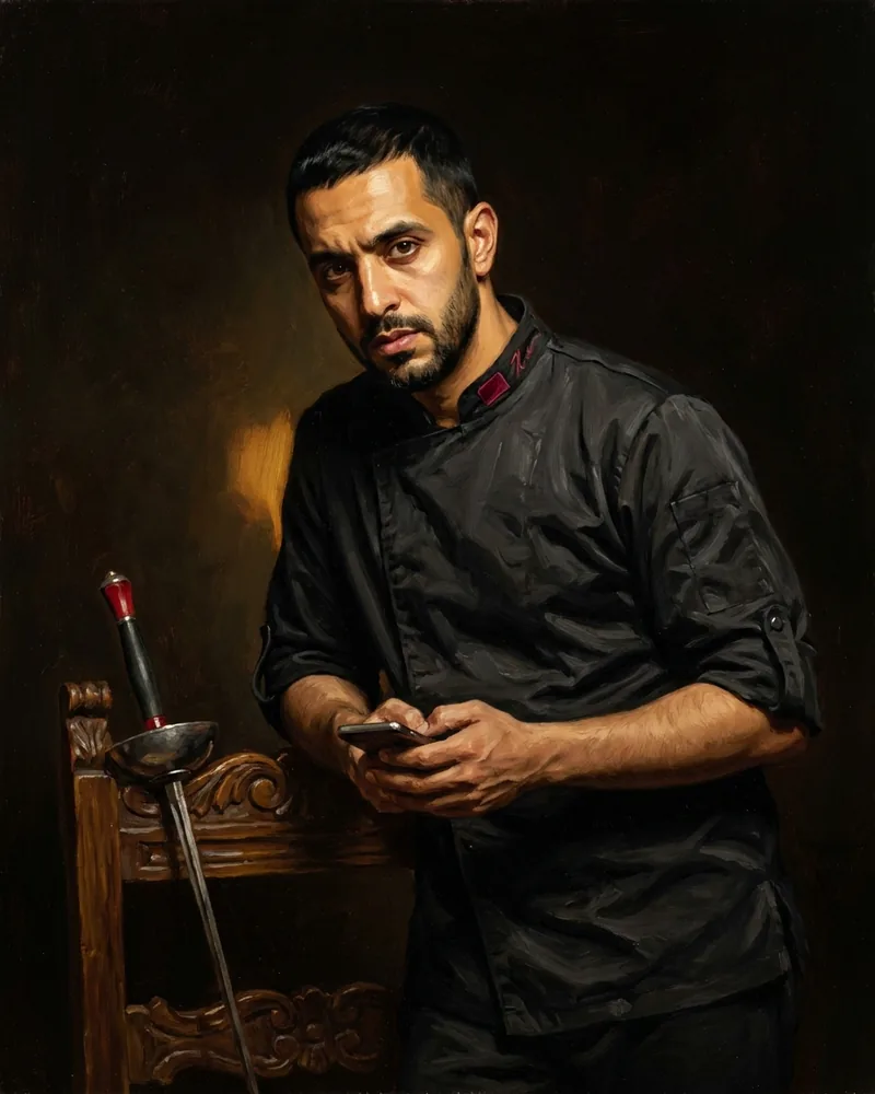 Portrait peint de Karim Benali, 36 ans, restaurateur